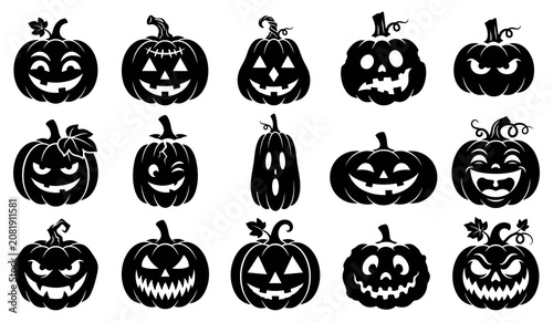 Photos Black halloween pumpkins vector illustration with various carved faces on a whit
