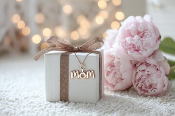 Mother's Day gift box mockup with gold mom necklace on white cube. Soft pink peonies and warm bokeh lights background. Festive greeting card layout for birthday, anniversary or female holiday. Banner
