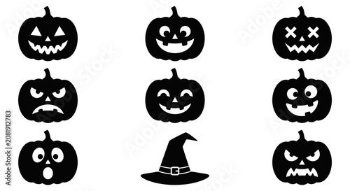 Foto Halloween vector pumpkins and witch hat with various spooky faces on a white bac