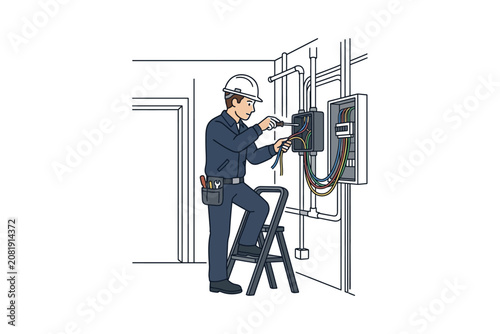 An electrician wearing a hard hat working on a wall mounted electrical panel while standing on a step ladder.
