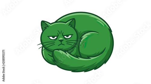 Obraz na plátně Grumpy Green Cat Curled Up, Cartoon Style, Isolated on White Background