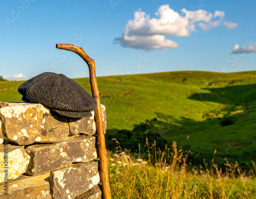 A flat cap and a wooden walking stick lean against a stone wall beside a rolling green pasture in June.