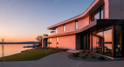 Modern Waterfront Residence With Dramatic Sunset Sky Views