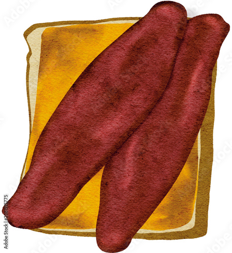 Watercolor bacon cheese toast illustration isolated on background, crispy bacon on melted cheddar slice bread breakfast