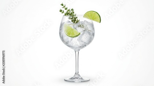 Refreshing gin and tonic cocktail in a glass with lime slices and fresh herbs on white background