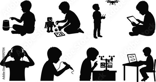 Quadro su tela Set of children stem and technology silhouettes showing kids using smart speaker