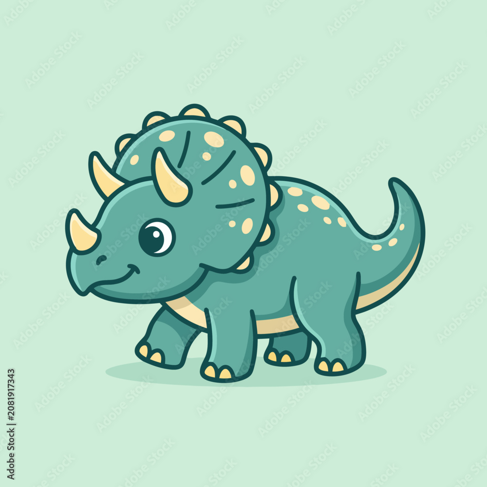 Fototapeta premium A cute cartoon triceratops stands on a green background