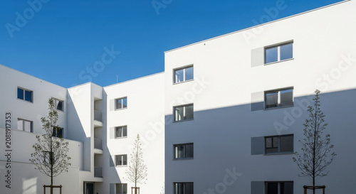 Modern White Building Architecture With Blue Sky And Minimalist Trees