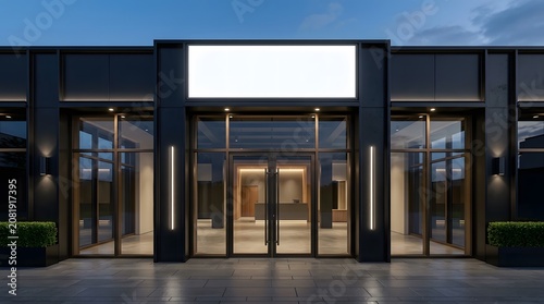 Modern Glass Entrance of Corporate Building at Dusk with Reflective Lighting