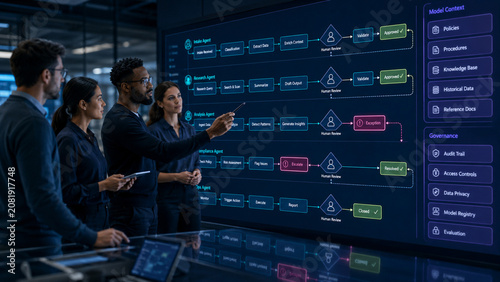 Team Analyzing AI Workflow Orchestration on Digital Screen in Modern Office