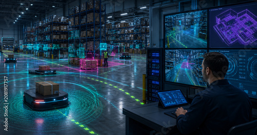 Advanced AI Robotics in High-Tech Logistics Warehouse with Automated Systems