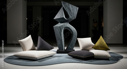 Modern Sculpture And Cushions In Art Gallery
