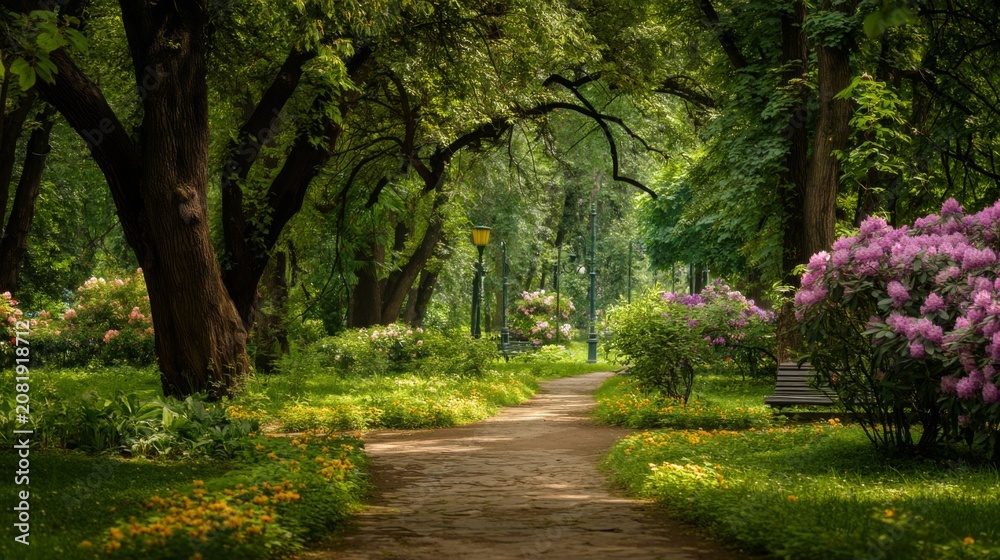 Fototapeta premium Serene Pathway Through Vibrant Garden with Lush Greenery and Colorful Blooms in a Peaceful Natural Setting