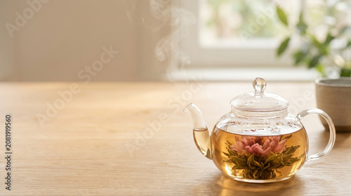 Elegant glass teapot filled with blooming flower tea placed on a wooden table illuminated by soft natural light