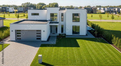 Modern White Luxury Residence With Lush Green Landscaping And Clean Architectural Lines