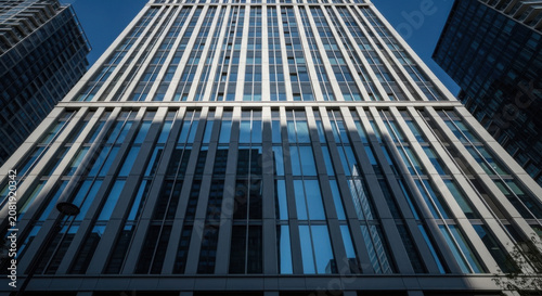 Modern Skyscraper Architecture With Reflective Glass Facade Under Bright Blue Sky