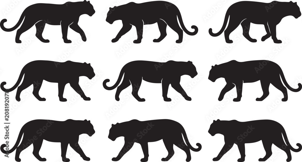 Obraz premium Leopard Walking Silhouette Clipart Vector Set