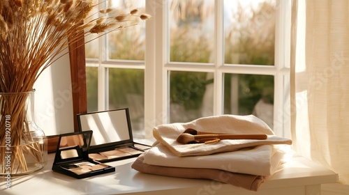 A refined cosmetic setup displaying neutral makeup palettes and textured linen accents bathed in warm natural window light