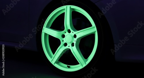Futuristic Neon Green Glowing Car Wheel Rim with Vibrant Luminescent Lighting on Dark Background