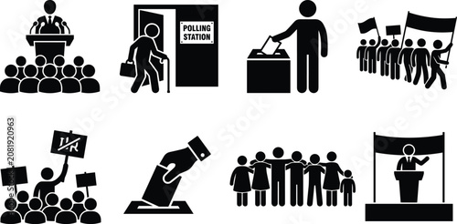 Elections and political campaign pictograms set featuring voting at polling station candidate speech protest rally and community unity silhouettes
