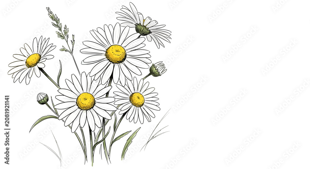Fototapeta premium Botanical illustration of blooming white daisy flowers with yellow centers and green stems isolated on a white background