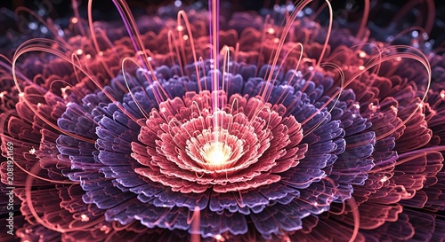 Abstract Fractal Flower Radiating Vibrant Light and Geometric Petals in a Celestial Cosmic Display