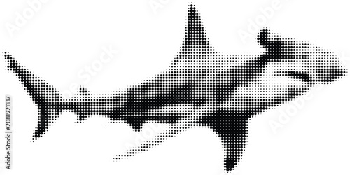 Photography Hammerhead shark silhouette in halftone dot pattern, abstract black and white marine animal graphic