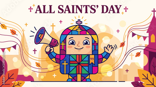 All Saints' Day Celebration: Cartoon Character with Megaphone and Stained Glass Design