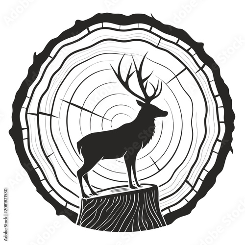 Photography Stag standing on a tree stump inside a circular wood grain texture background wi