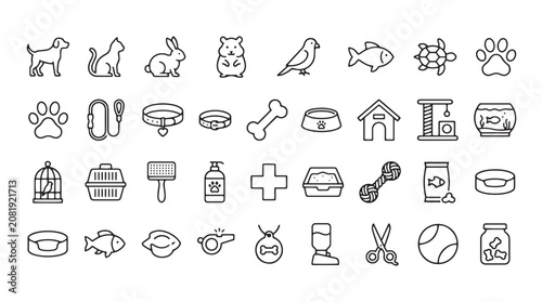 Konstfotografi Pet Care Icons, Dog, Cat, Veterinary, Animal, Health, 40 Line Icons