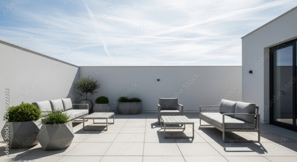 Fototapeta premium Modern Rooftop Terrace With Contemporary Outdoor Furniture And Clean Blue Sky