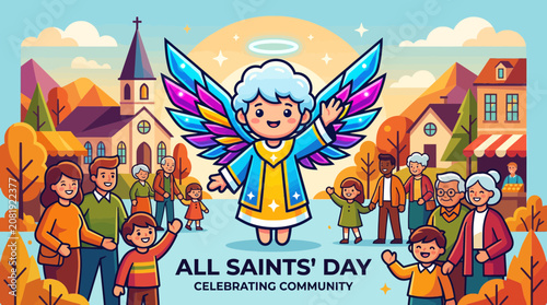 All Saints Day Community Celebration with Angel and Diverse People