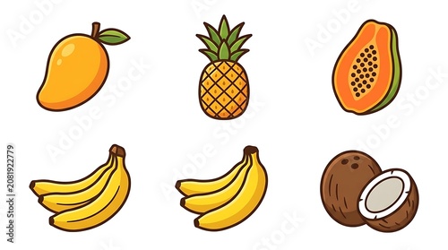 Assorted tropical fruits and coconut shells isolated.