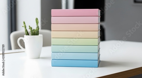 Organized stack of vibrant pastel colored rectangular blocks arranged in a smooth gradient on a minimalist desk, embodying tranquility and modern design