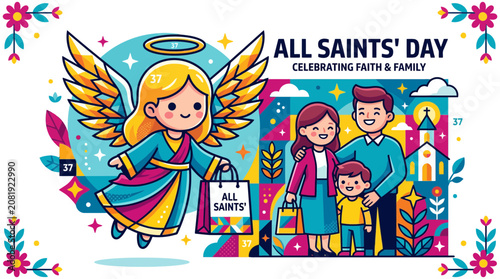 All Saints' Day Illustration: Angel, Family, Church, Faith, Celebration