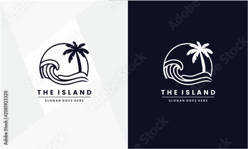 Tropical Island Logo Design with Palm Tree and Ocean Waves