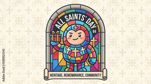 All Saints Day Stained Glass Cartoon Character Holding Gift Box