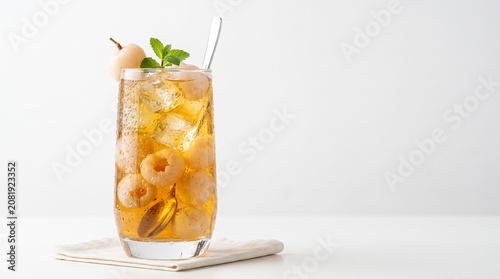 Invigorating Iced Lychee Drink with Fresh Mint on a Clean White Background, a Perfect Refreshing Beverage for Summer Thirst Quenching