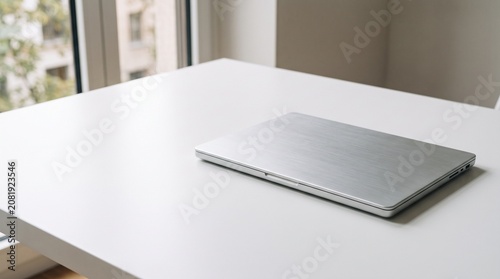 Sleek silver laptop resting on a clean white desk by a bright window, symbolizing modern remote work, technology, and a productive environment for focused tasks