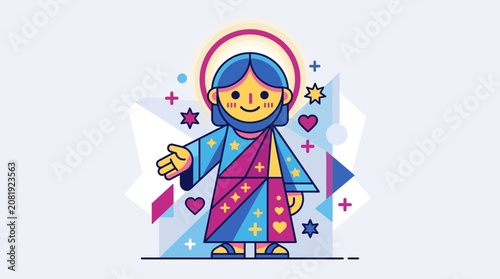 Cartoon Jesus Christ Character Offering Hand, Halo, Colorful Geometric Background