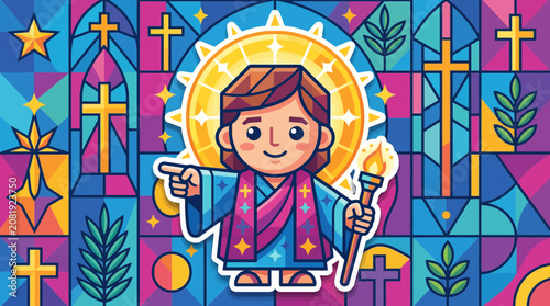 Cartoon Saint Character with Torch and Halo, Stained Glass Background