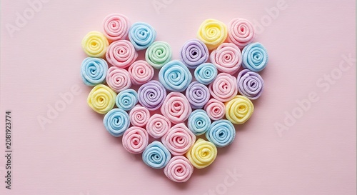 Romantic Heart Shape Created with Colorful Pastel Paper Spirals on a Soft Pink Backdrop