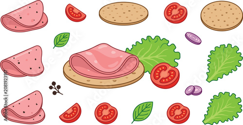 Tableau sur toile Salami sandwich ingredients vector set with sliced sausage crispbread fresh lett