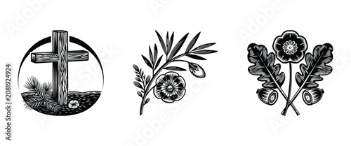 Remembrance Day linocut vector bundle featuring a rustic wooden cross, a delicate rosemary branch with a poppy flower, and a poppy paired with detailed oak leaves and acorns.