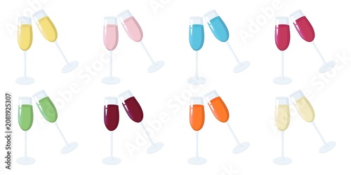 Set of eight pairs of champagne flutes clinking in a toast, each filled with vibrant liquids in yellow, pink, blue, magenta, green, dark red, orange, and pale yellow