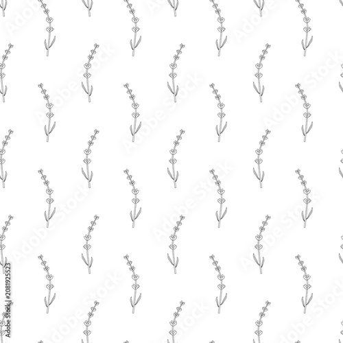 Seamless lavender sprigs pattern with slender stems, small flowers, and elongated leaves in minimalist black line art, arranged diagonally on white background for textiles