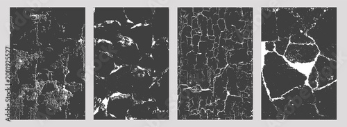 Set of four cracked and distressed surface textures, including fine fissures, rough patches, grid-like cracks, and large fragmented sections, abstract aged designs