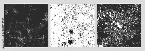 Set of three black-and-white texture patterns with cracked, corroded, and granular surfaces, abstract grunge design for backgrounds