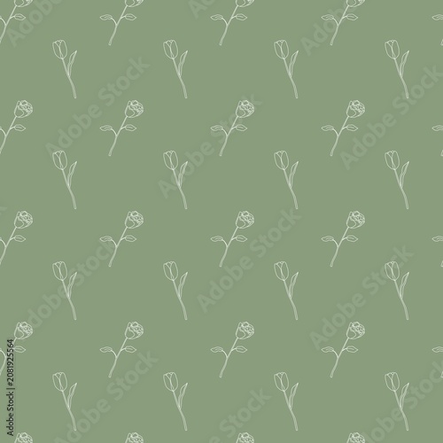 Seamless floral pattern with simple white line drawings of stems, leaves, and alternating buds on muted green background, minimalist design for textiles