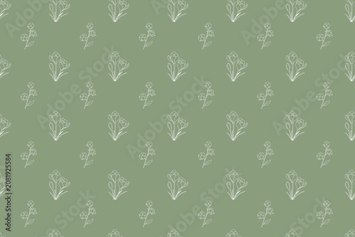 Seamless floral pattern with alternating three-petal blossoms and sprigs of two small flowers, minimalist white line art on muted green background for textiles